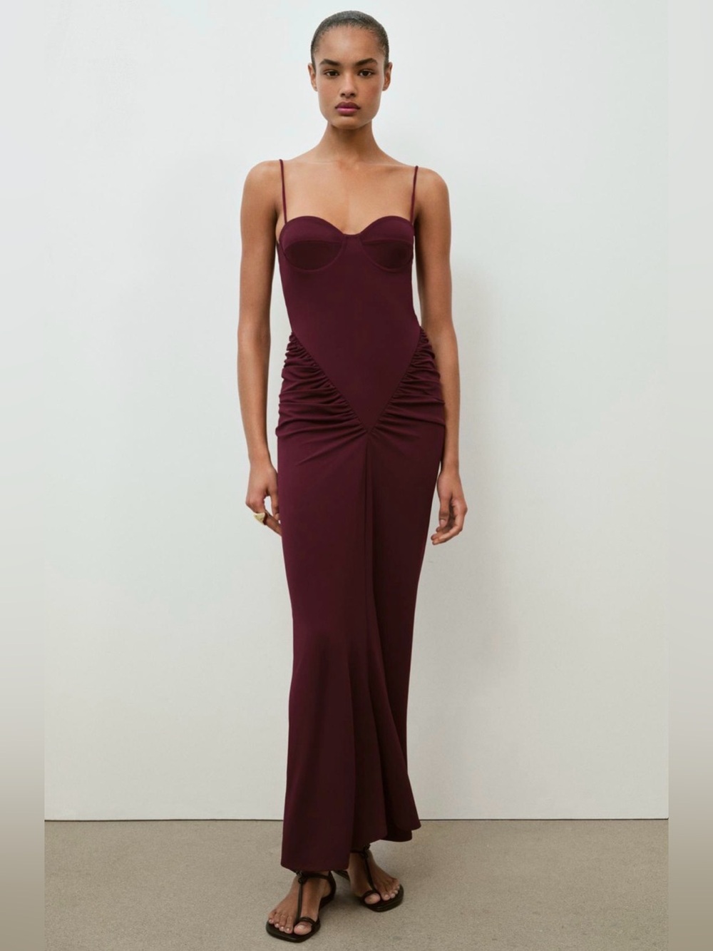 🔥🔥🔥Zara Burgundy Ruched Spaghetti-Strap Dress